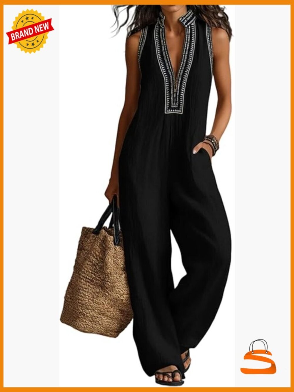 Sleeveless Linen Jumpsuit Mock Neck Zip Embroidery Wide Leg Romper Casual